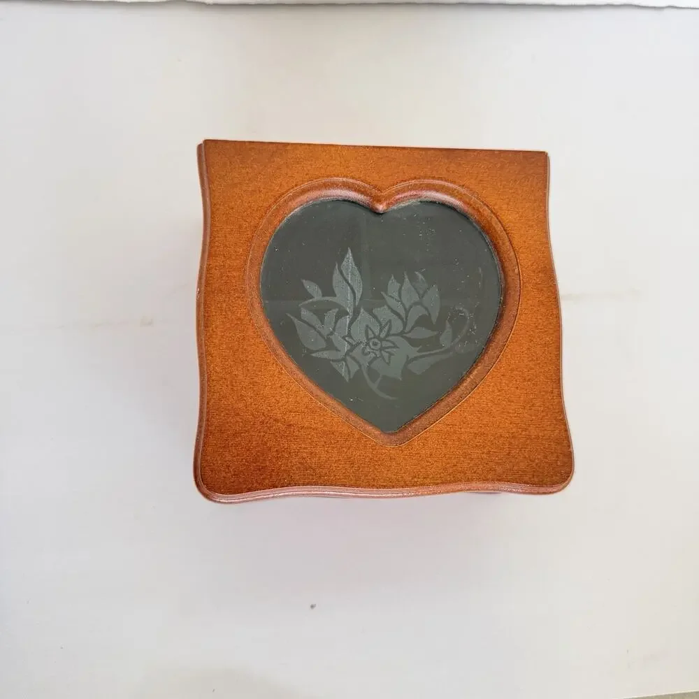 Vintage Dark Wood Jewelry Box with heart shaped glass panel